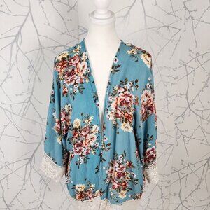 Umgee Blue Floral Print Crinkle Crochet Trim Open Front Cardigan